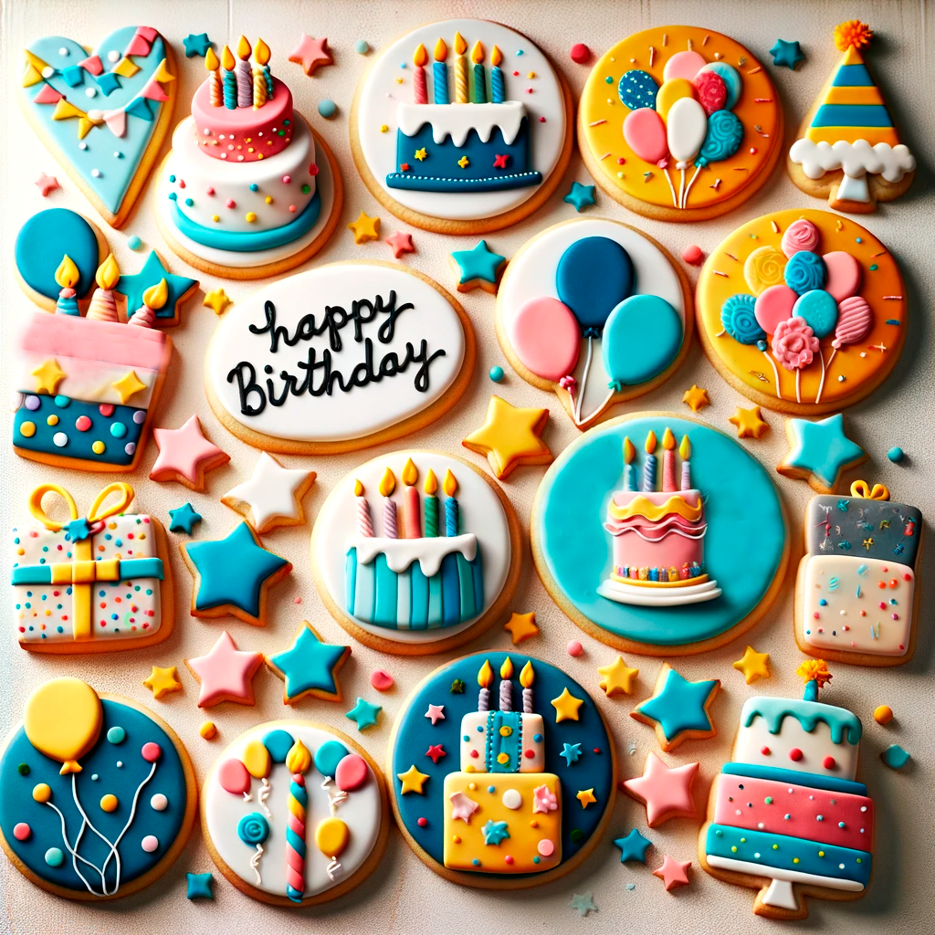 collection of fondant cookies designed with a birthday theme